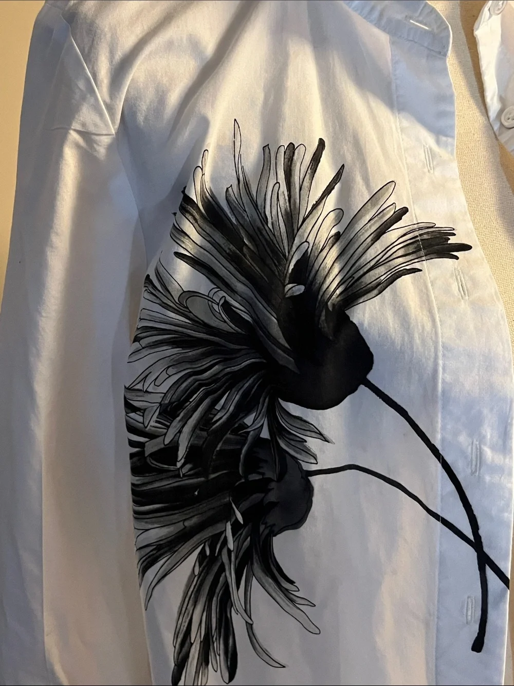 Talbots White Button-Down Shirt with Black Floral Print, medium, cotton - Picture 2 of 11